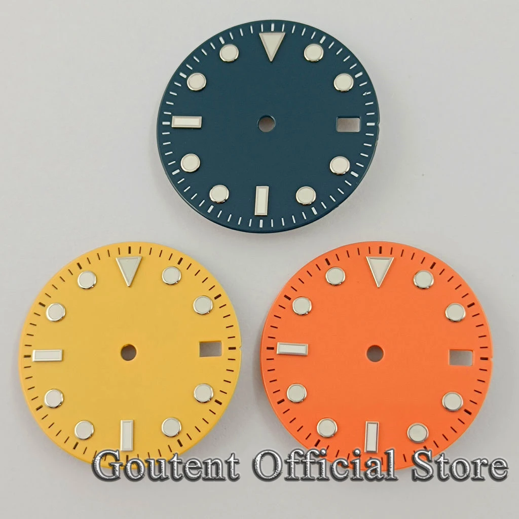 Goutent 29mm Blue/Orange/Yellow Sterile Watch Dial Date Fit NH35 NH35A Movement