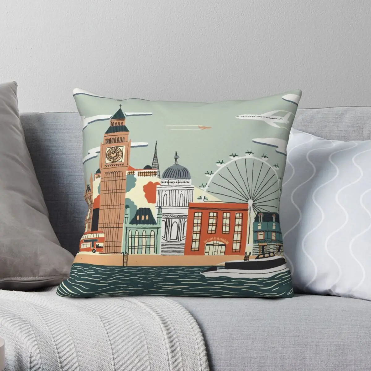 

London Square Pillowcase Polyester Linen Velvet Pattern Zip Decorative Throw Pillow Case Sofa Cushion Cover 18"