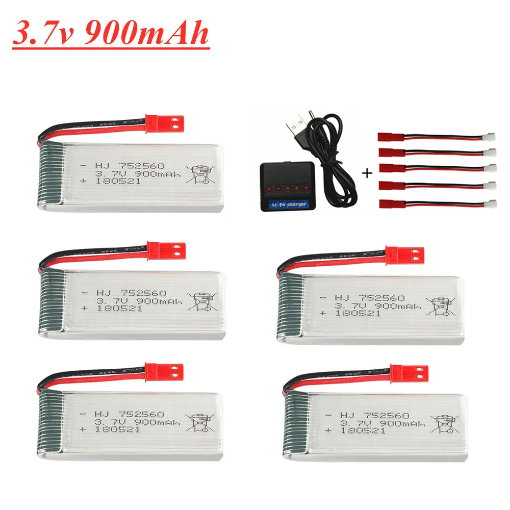 3.7V 900mAh lipo Battery +5 in 1 Charger For X5 X5C X5SC X5SW 8807 8807W A6 A6W M68 Rc Drone Spare Parts 3.7V 752560 Battery JST