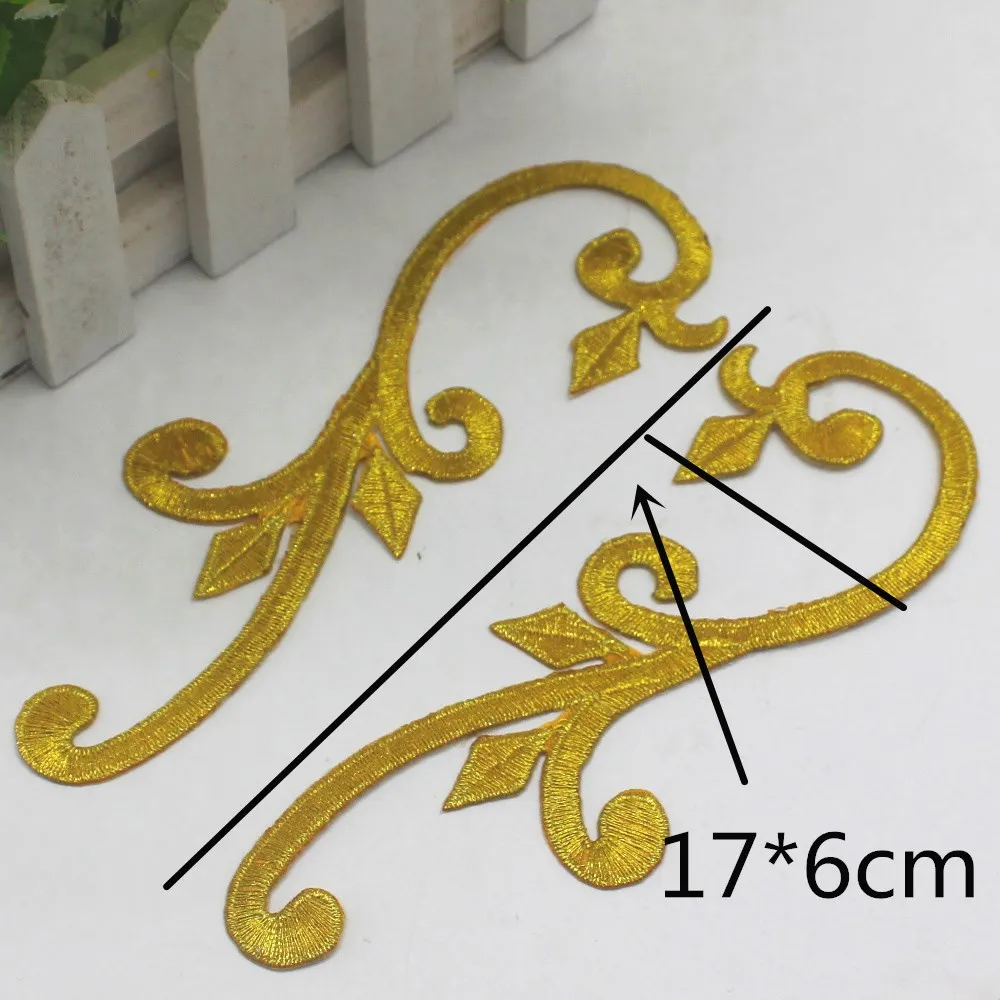 1 Pairs Gold Embroidered Patches Iron On Applique Mirror Pairs Trims Iron on Padded 15.5cm*6cm