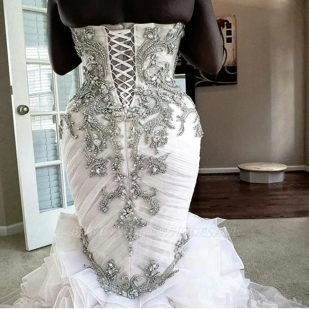 Vestidos de novia de sirena de lujo con volantes en cascada, corsé con cuentas de cristales, Espalda descubierta, tren largo, vestidos de novia africanos, 2024