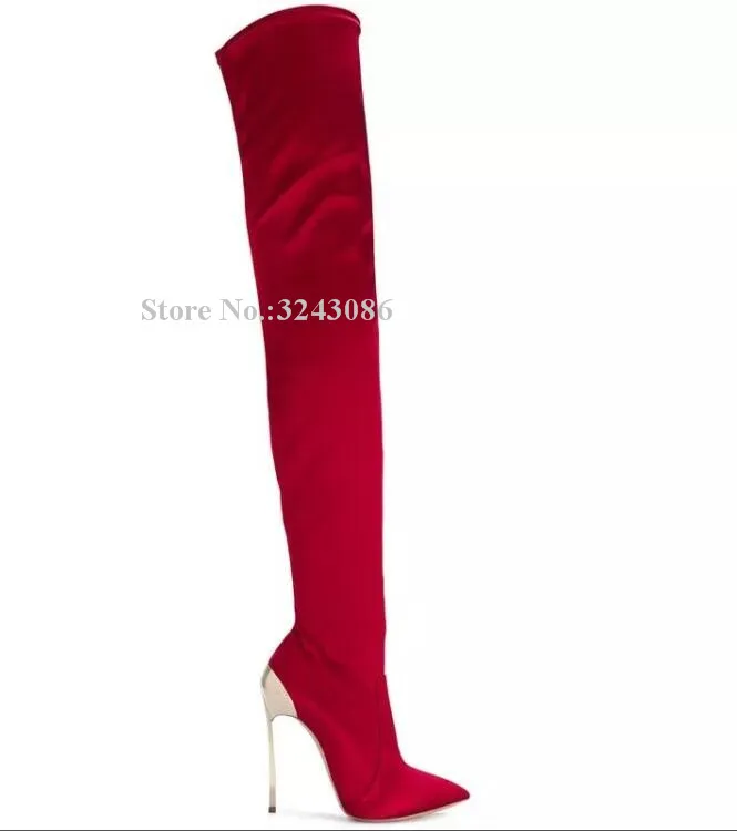 Fashion Rose Red Satin Metal Heel Long Boots Women Sexy Pointed Toe Stiletto Heel Elastic Over the Knee Thigh High Boots Lady