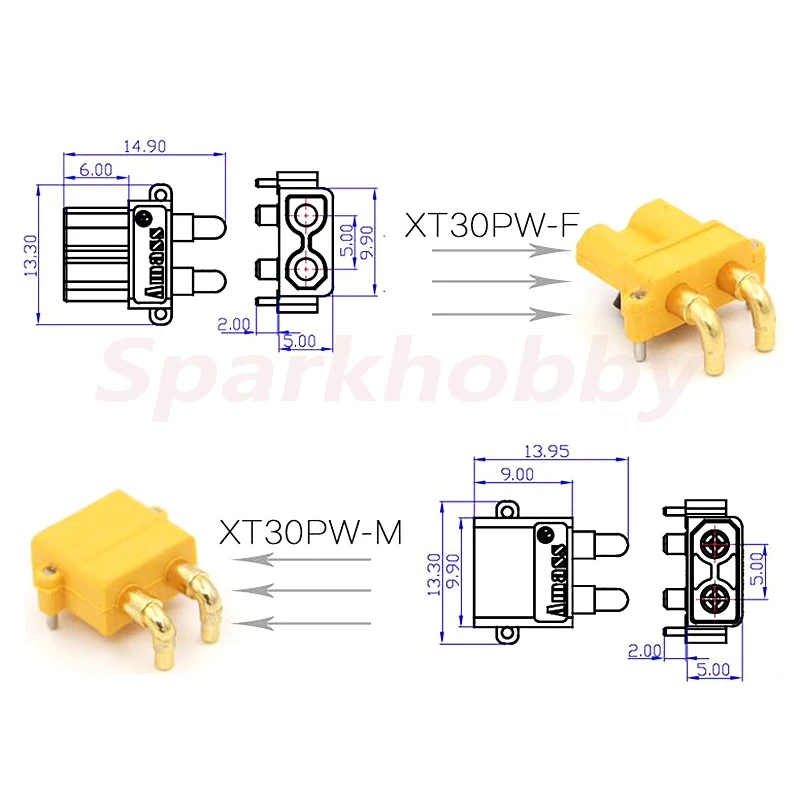 10PCS/5Pairs Amass XT30PW Male Female connector PCB board 2mm Banana Golden head Right Angle Horizontal connector for RC model