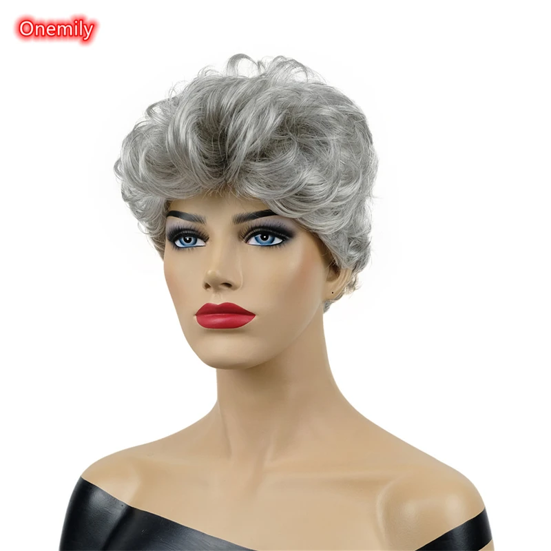 Onemily-Peluca de cabello Natural sintético para mujer, pelo ondulado corto con flequillo, color gris