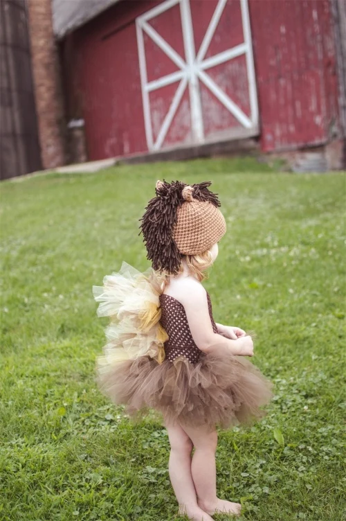 Girls Lion Cartoon Tutu Dress Kids Crochet Tulle Straps Dress with Flower Hairbow Children Birthday Party Costume Cosplay Dress