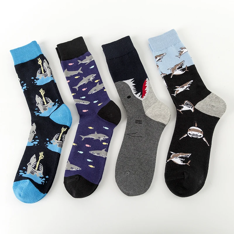 MODA MULAYA-Calcetines felices para hombre y mujer, calcetín con temática de tiburón grande, grupo de peces, ocio al aire libre, deportes,