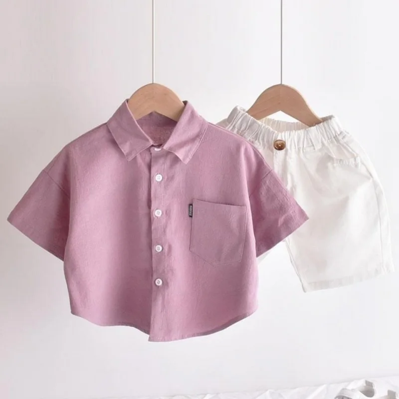 Baby Boy Linen Shirt Solid Color White Pink Infant Toddler Child Shirt Short Sleeve Kid Outfit Baby Clothes 1-10Y