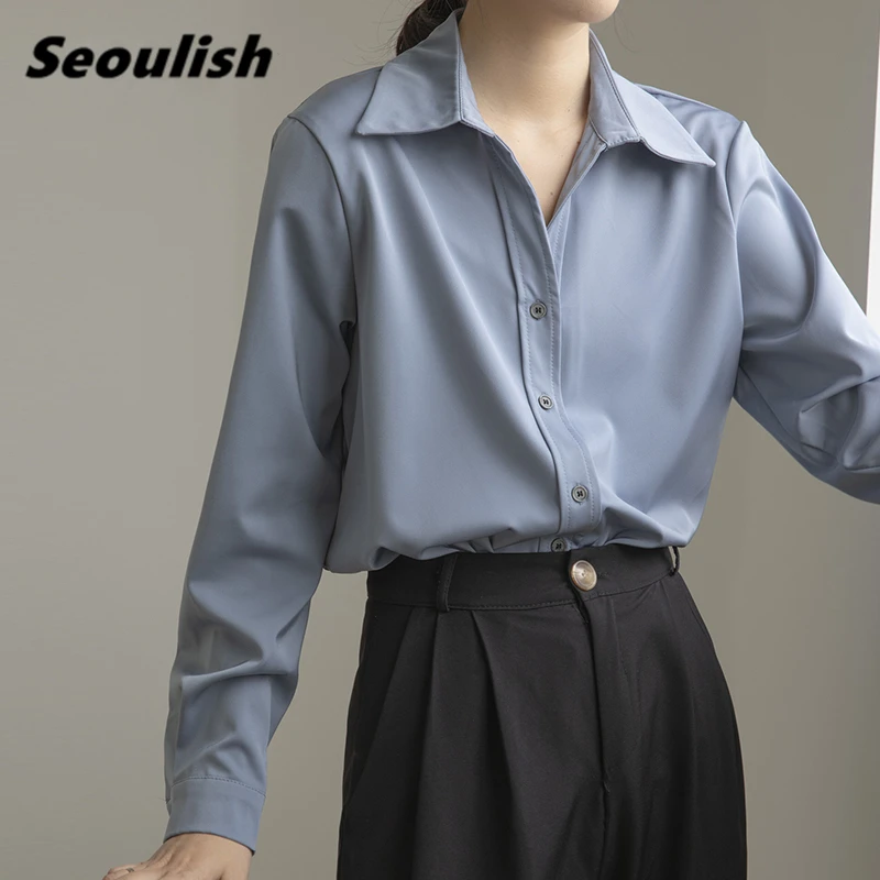 Seoulish 2021 Nieuwe Lente Herfst Stain Ol Stijl Formele Vrouwen Blouse Turn-Down Lange Mouwen Vrouwelijke Werkkleding elegante Tops