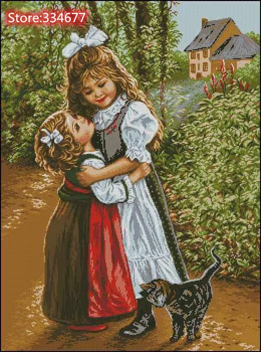 Sisters and Cat, Girl Top Quality Embroidery Needlework Print 14CT Unprinted Art Cross Stitch Kits DIY Handmade Decor