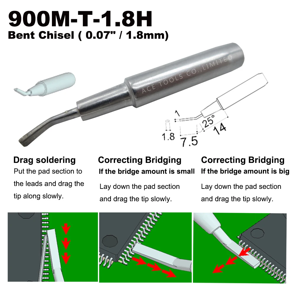 Soldering Tip 900M-T-1.8H Bent Chisel 1.8มม.สำหรับ Hakko 936 907 Milwaukee M12SI-0วิทยุ Shack 64-053 Yihua 936 X-Tronics 3020เหล็ก