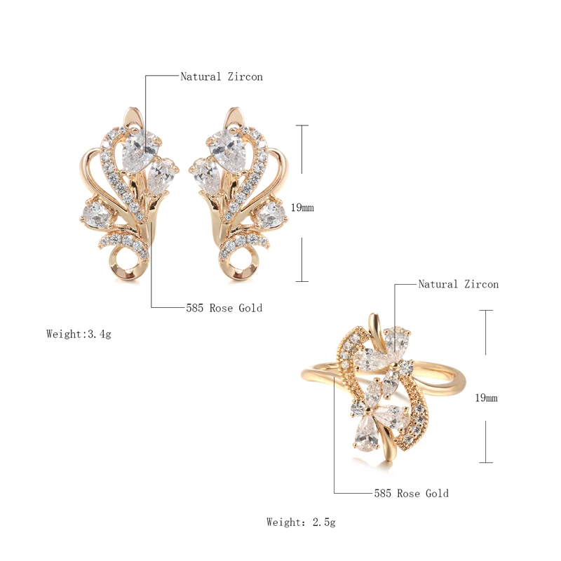 Kinel Luxury 585 Rose Gold Crystal Flower Earrings Ring Sets for Women Natural Zircon Bridal Wedding Vintage Jewelry Sets