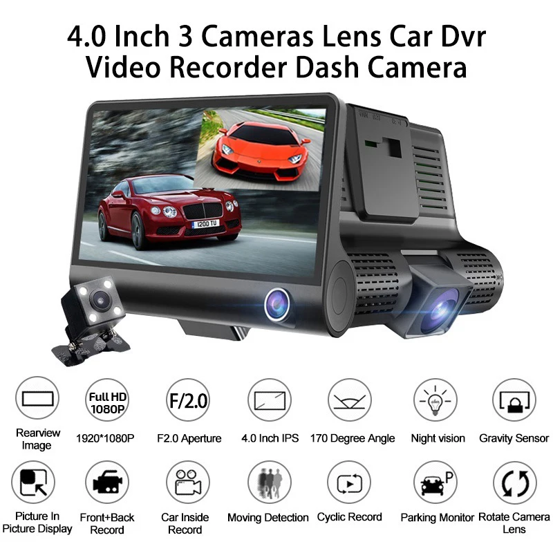 Car DVR 3 Cameras Full HD 1080P Dual Lens Car DVR Camera 4.0 inch LCD Screen with 170 Degree Rear View
