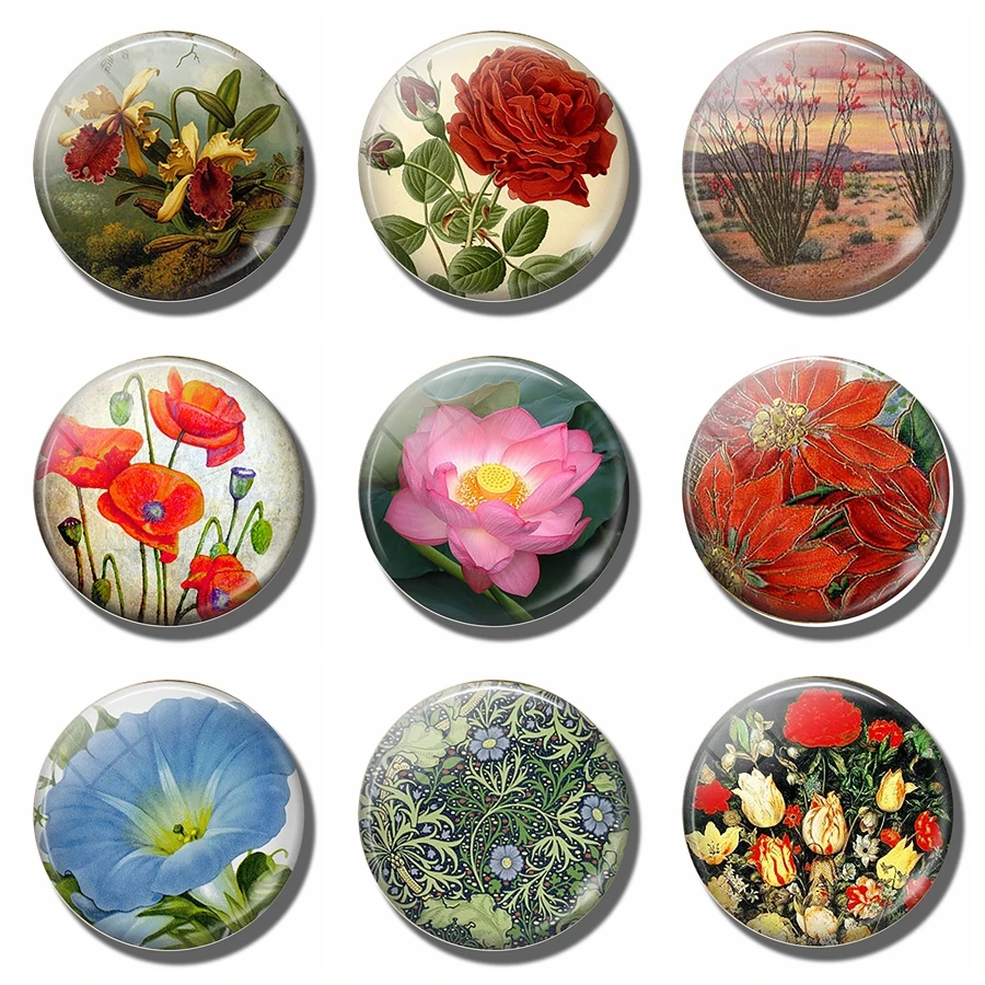 

Magnetic Glass Stickers for Refrigerator Lotus Rose Tulip Succulents Poppy Morning Glory Cactus Flower 30mm