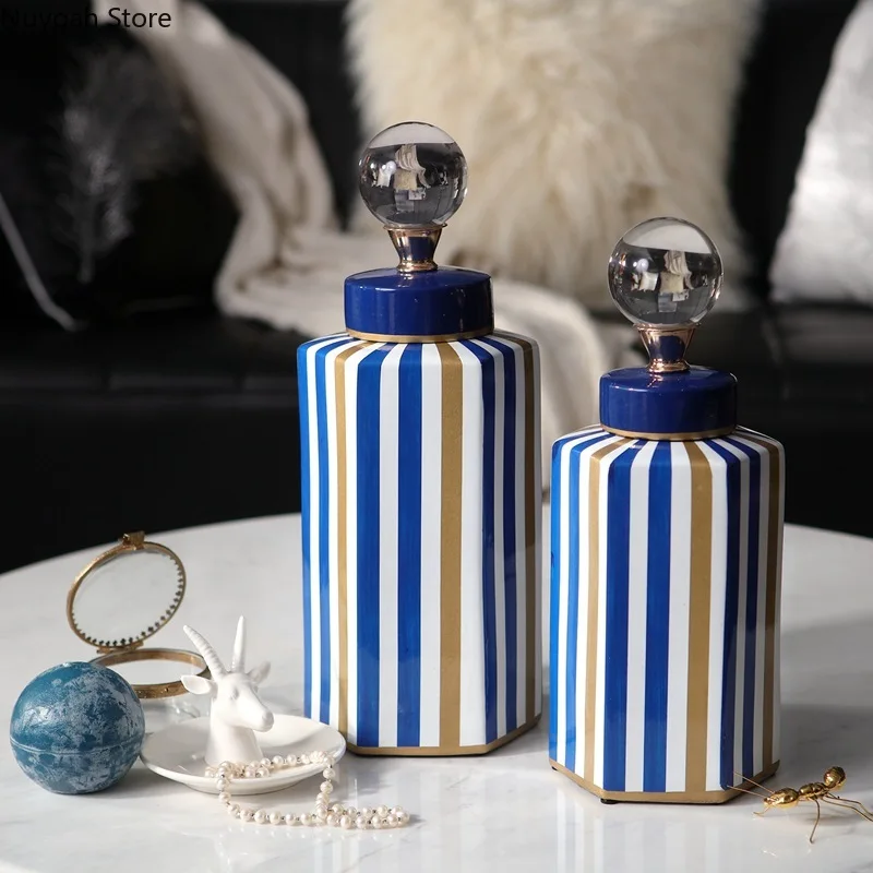 Creative Striped Storage Jar Vase Crystal Cover Home Ginger Jar Living Room Dried Flowers Flower Arrangement Accessories