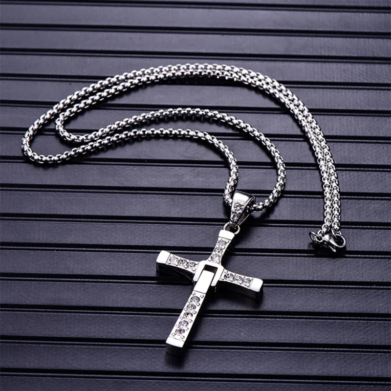 Fast and Furious Cross Necklace Dominic Toretto Cross Rhinestone Pendant Necklace Stainless Steel Necklace for Men Women