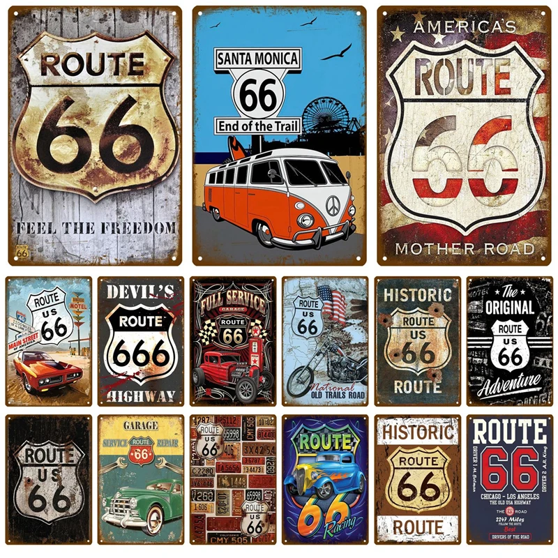 Route 66 Car Retro Decorative House Metal Sign Plate Poster On The Wall Tin Sign Vintage Poster Decor Wall Art Room Decoration