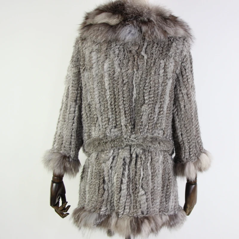 New arrival real rabbit fur coat women\'s warm natural fur long jacket with fox fur collar and belt size customized large size
