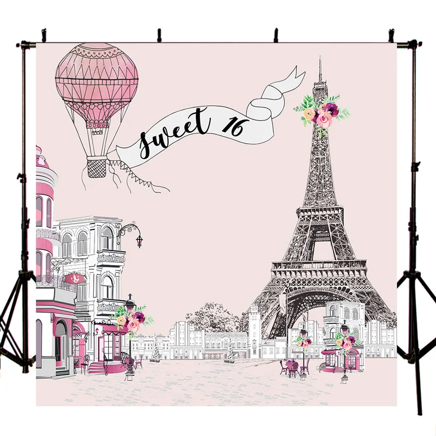 MEHOFOTO Customized Personal Birthday Party Backdrops Sweet 16 Decor Banner Photo Background Eiffel Tower Photography Backdrop