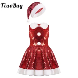 Kids Christmas Costume Sleeveless Sequins Ballet Tutu Dress Figure Skating Gymnastics Leotard Jazz Latin Performance Dancewear