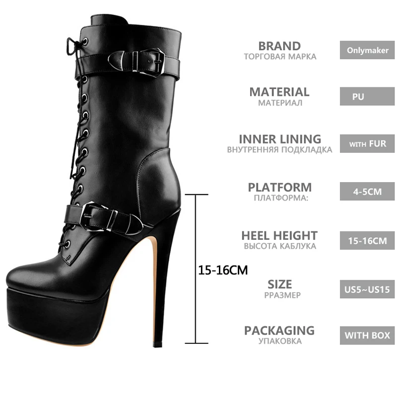 Onlymaker Women Platform Ankle Booties Black 16CM High Thin Heel Fashion Heeled Metal Plates Buckle Stilettos Boots