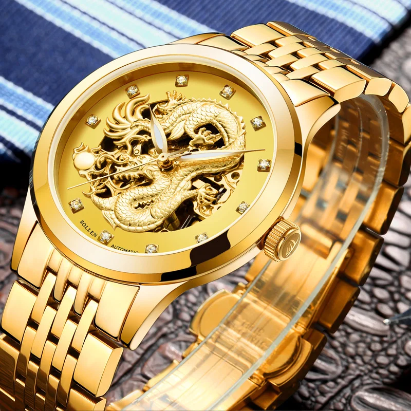 Switzerland SOLLEN Automatic Mechanical Men's Watches Luxury Brand Dragon Design Luminous Diamond Sapphire Skeleton Clocks SL602