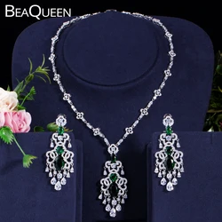 BeaQueen Green Crystal Micro Pave CZ Stone Large Hanging Drop Earrings Necklace Set for Women Wedding Jewelry Gift JS030