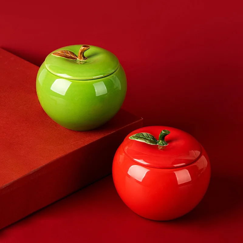 

Creative Ceramic Tea Jar Small Size Candy and Dried Fruit Jar with Lid Sealed Storage Jar Apple-shaped Scented Candle Cup