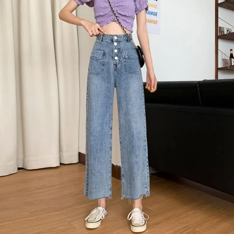 

Breasted Jeans Women's High Waist Straight Cropped Pants Loose Wide Leg Pants Ins