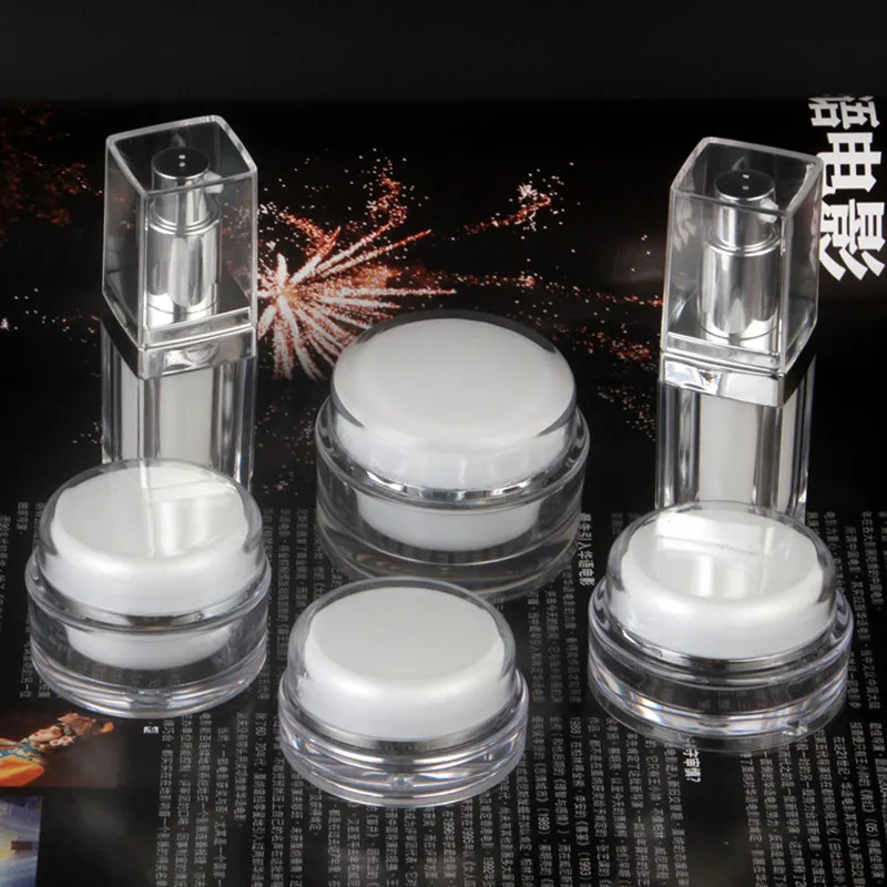 High-grade Acrylic Empty Cosmetic Packaging Pressing Lotion /Spray bottles Cream Jar Clear White Cosmetic Container