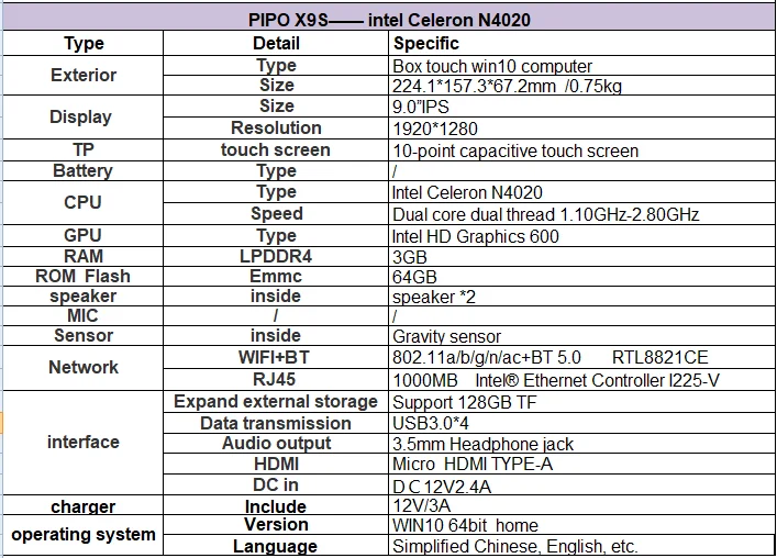 2026 New Pipo X9/X9S Windows 10 Mini PC Intel Quad Core J4005 4G/64G Tablet PC 9 Inch 1920*1080 Touch IPS Screen Laptop MINI PC