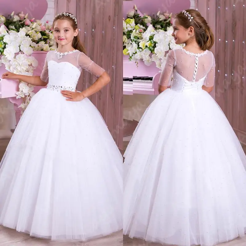 

White Tulle Puffy First Communion Gowns O Neck Beaded Crystal Pageant Half Sleeves Vestidos Niñas Flower Girl Dresses