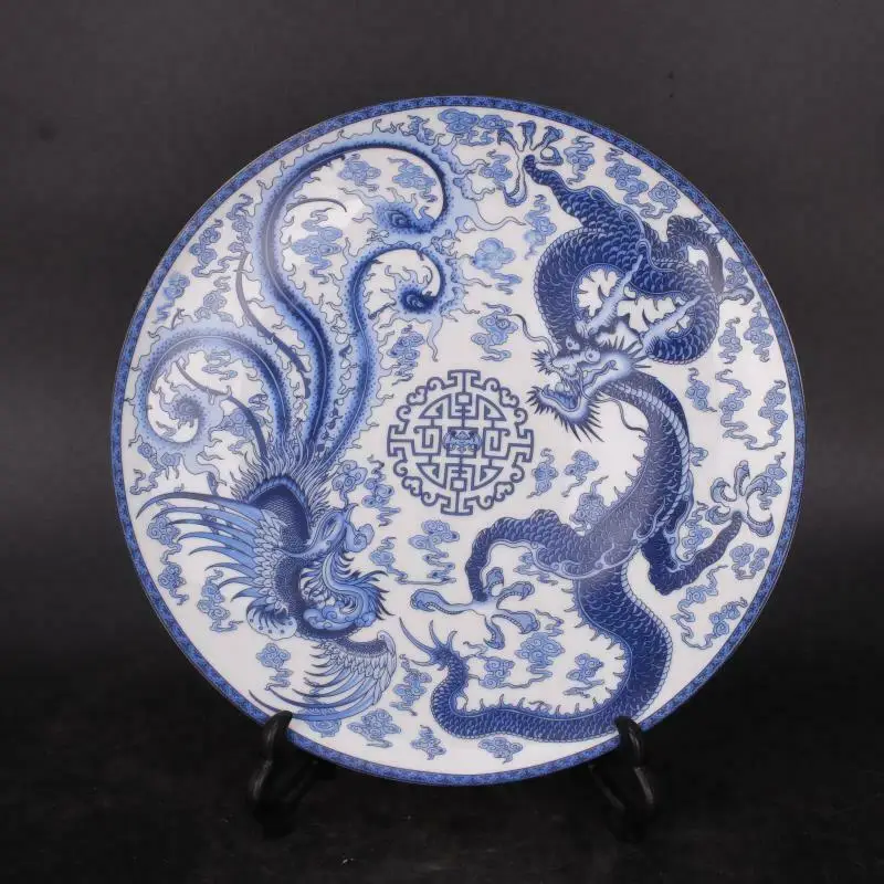 Chinese Style Blue and White Porcelain Dragon Phoenix Design Plate 10.23\