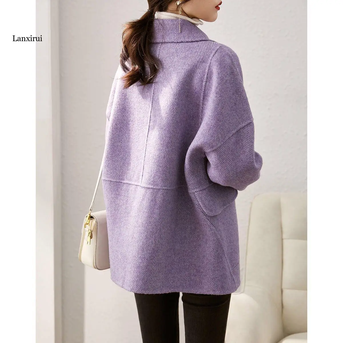 

Korean Style Chic Trendy Popular Solid Blends Women Purple Elegant Loose Sash Double Breasted Winter Warm College Students Lady