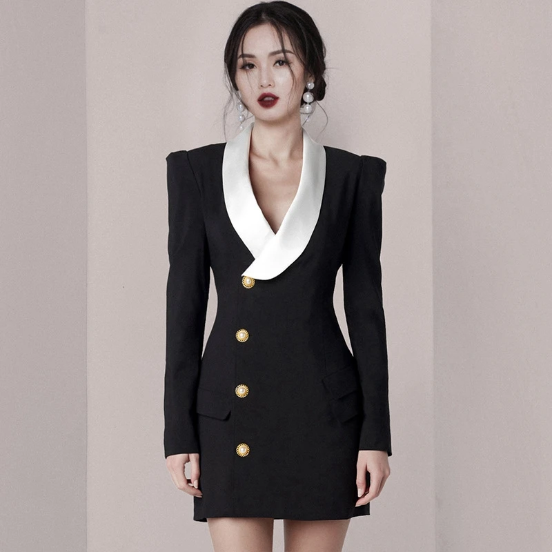 JSXDHK Brand Design Spring Mini Dress Runway Women Notched Black White Patchwork Single Breasted Bodycon Pencil Office OL Dress