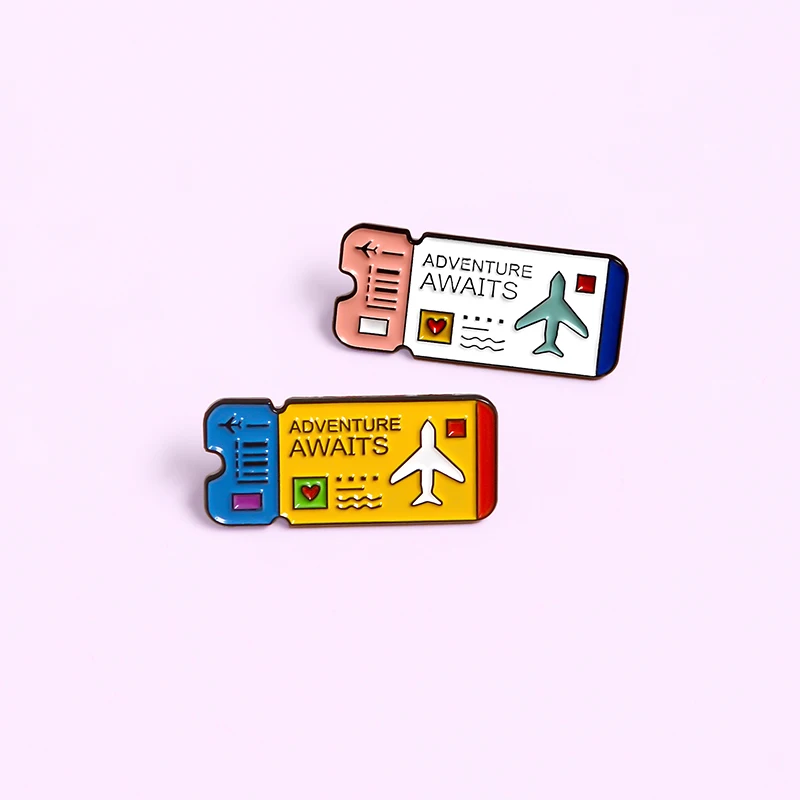 Cartoon Airplane Tickets Enamel Pin Adventure Awaits Custom Lapel Bag Badge Outdoors Travel Jewelry Brooches Pins for Friends