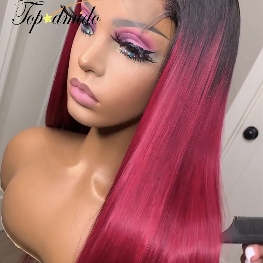 Topodmido Ombre Pink Red Color 13x4 Lace Front Wigs with Baby Hair Peruvian Remy Hair Human Hair Wig Pre Plucked 4x4 Closure Wig