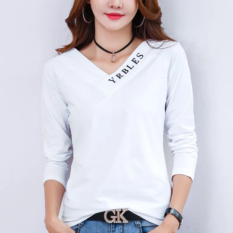 TuangBiang Spring 2023 Orange Long Sleeve V-Neck Letter Print New T-shirt Women Slim Black Tops Ladies Loose Cotton Tee Shirts