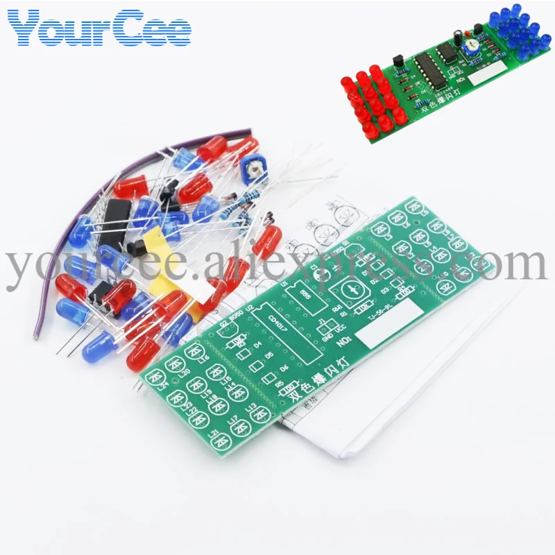 NE555 + CD4017 czerwony niebieski dwukolorowy zestaw migających świateł stroboskop praktyka nauka DIY Electronic Suite Design