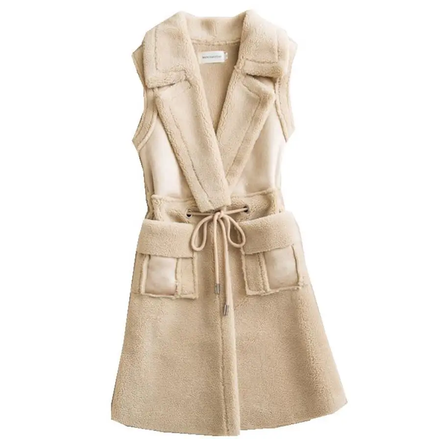 

Winter Black Leather Vest Faux Fur Jacket Sleeveless women Warmer Long Style Waistcoat with Fur Pockets