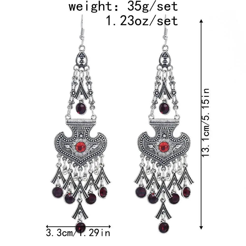 Afghan Oxidized Silver Color Metal Rhinestone Long Tassel Earrings for Women Boho Statement Jewelry Turkish Tribal Party Gift