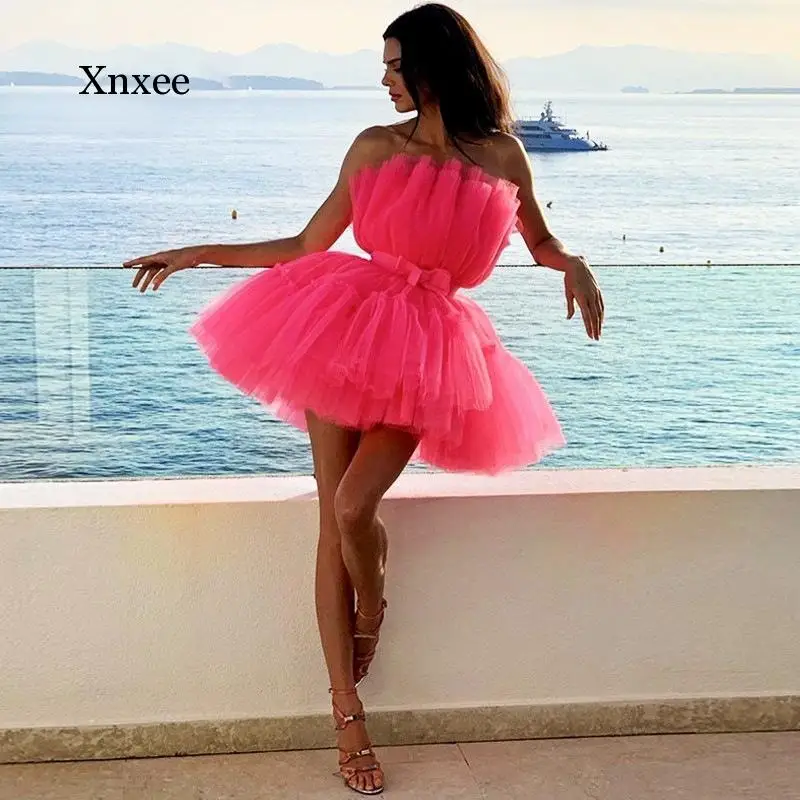 Elegante Mesh Partei eine Linie Tutu Kleid Frauen Rose Rosa Off Schulter Bogen-Knoten Hohe Taille Sexy Sleeveless Ball kleid Mini Kleider