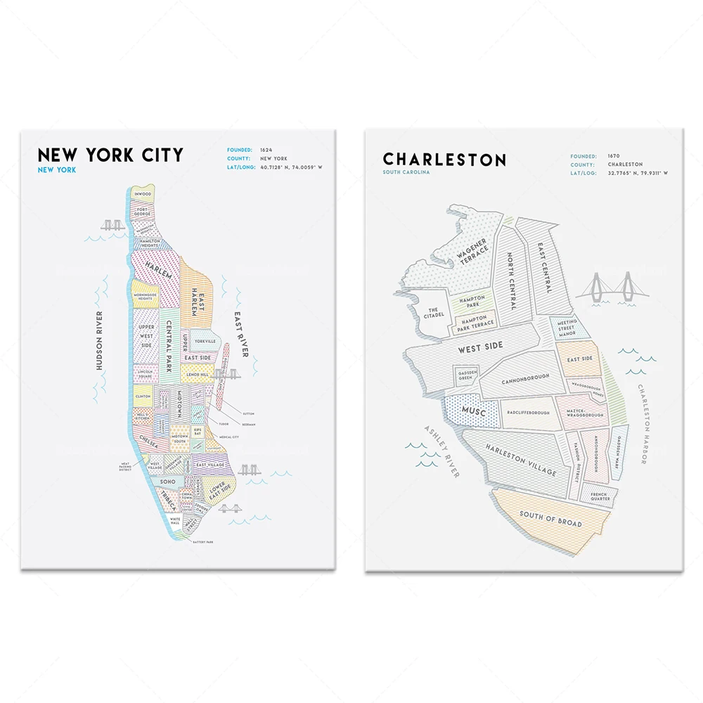 

Whimsical Charleston SC Neighborhood-New York City Map Frameless Map Poster