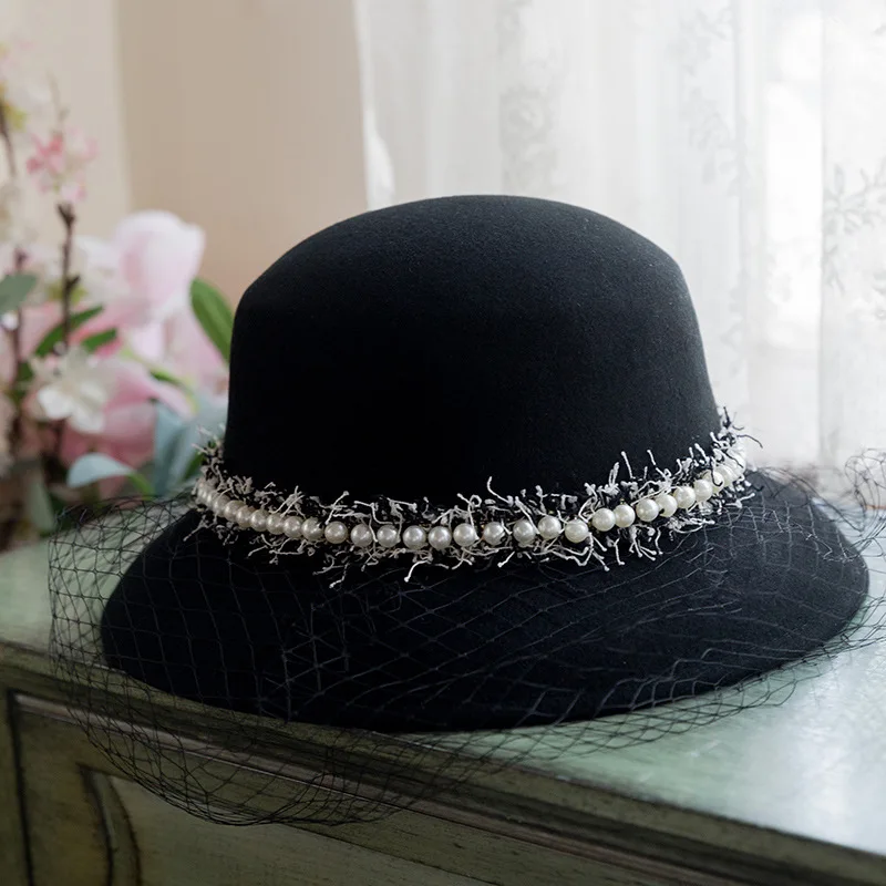 Women's Fedoras Black Wedding Birdcage Veil Hepburn Style Fisherman Hat Female Wool Felt Basin Hat For Bridal Accessories Hat