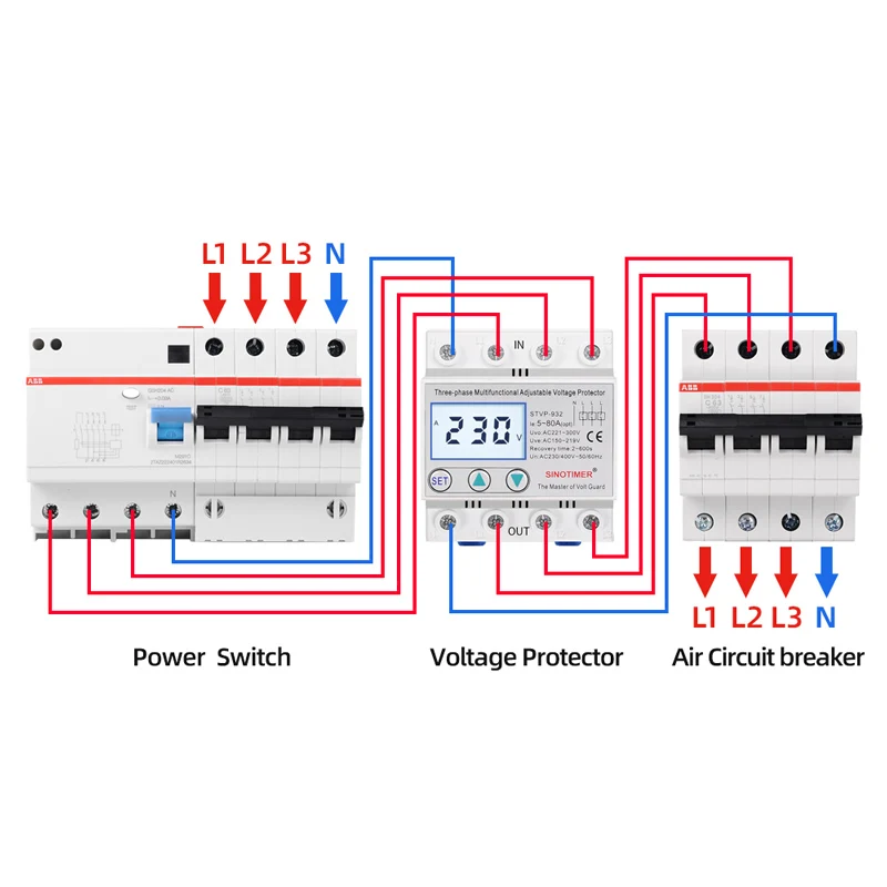 Din Rail Adjustable AC 380V 3 Phase Over and Under Voltage Protector Relays Voltmeter Monitors Phase Sequence Failure Protection