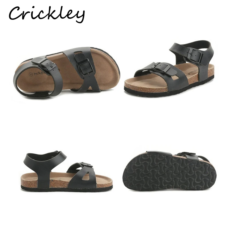 Sandalias de gladiador para niños y niñas, zapatos de playa con tiras estampadas de cuero PU, sandalias romanas de corcho suaves y cómodas, Verano