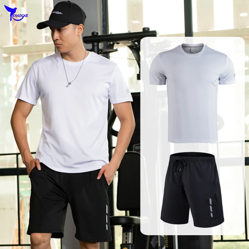 Quick Dry Summer Men's T Shirts+Shorts Running Sets Breathable Mesh Fabric Sportswear Clothing Training Gym Fitness Sport Suits