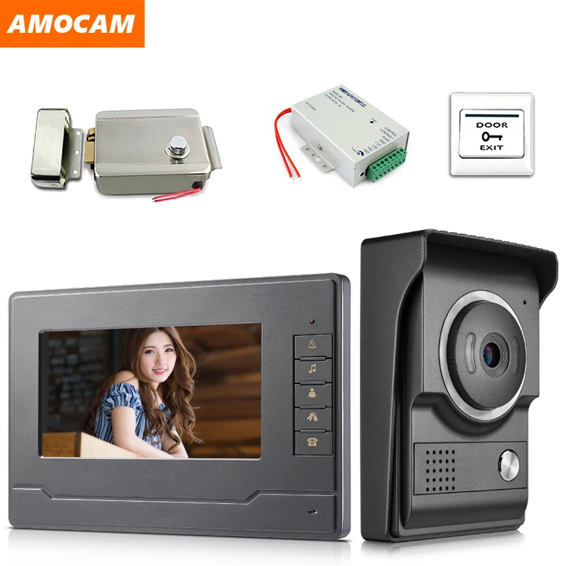 

7 inch Monitor Video Door Phone Doorbell system Video Intercom Kits with Electric Lock + Power control + exit for Home villa