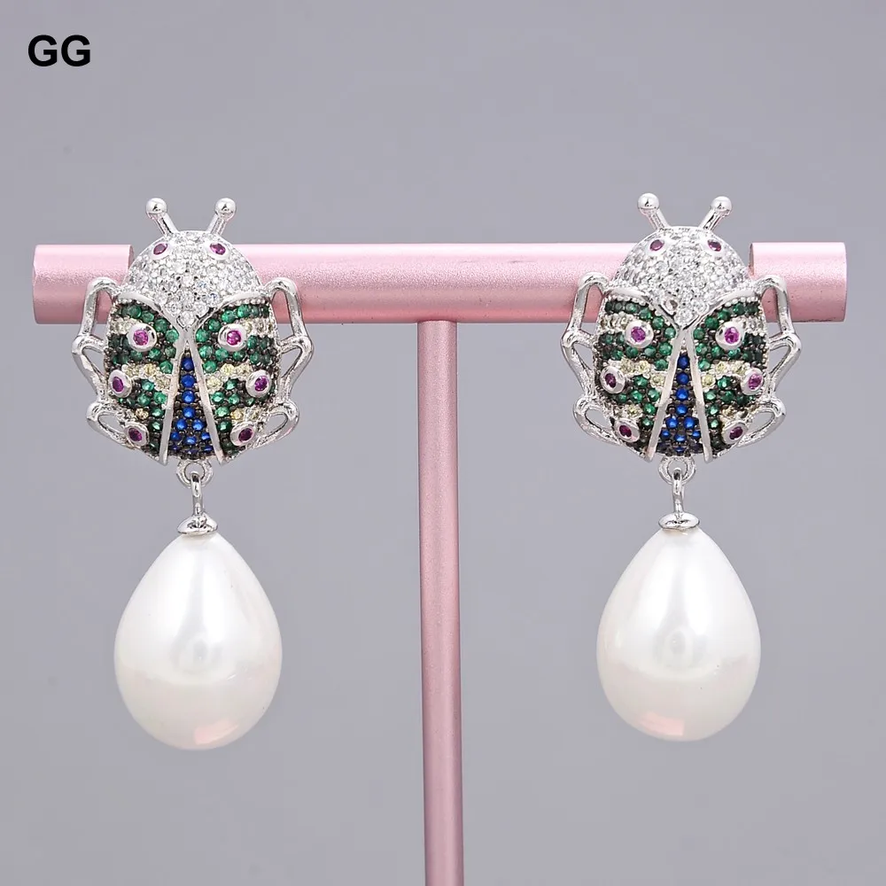 

GuaiGuai Jewelry White Sea Shell Pearl White Gold Color Plated CZ Beetle Earrings