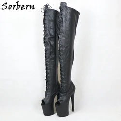 Sorber Black Snake Mid coscia stivali alti donna Custom Slim Fit Peep Toe Platform stivale lungo per Crossdresser Stripper Heels