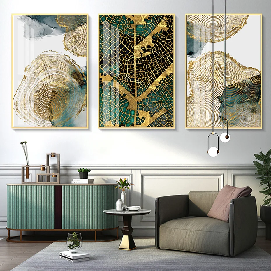 

Modern Abstract Gold Green Leaf Trail Annual Ring Poster Canvas Painting Wall Art Prints Picture Living Room Bedroom Home Decor